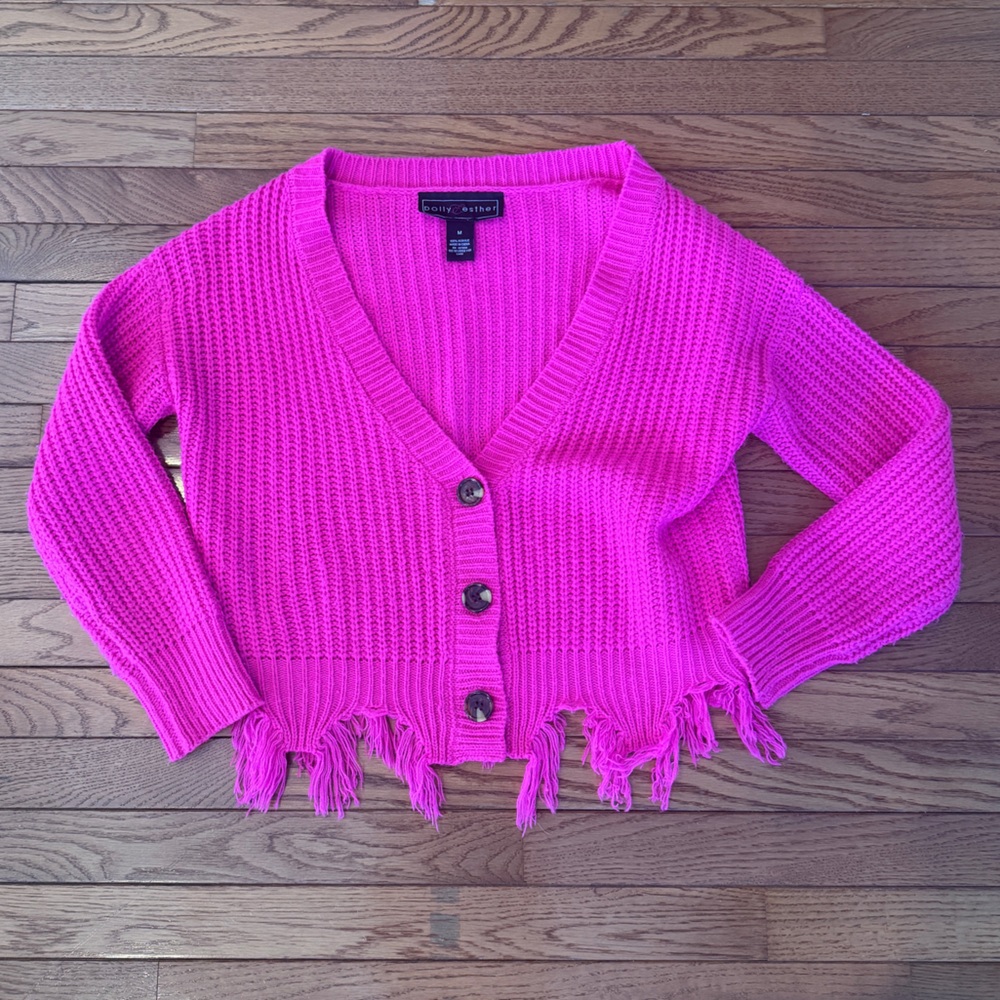 Polly & Esther Hot Pink Fringe Button-Front Cardigan